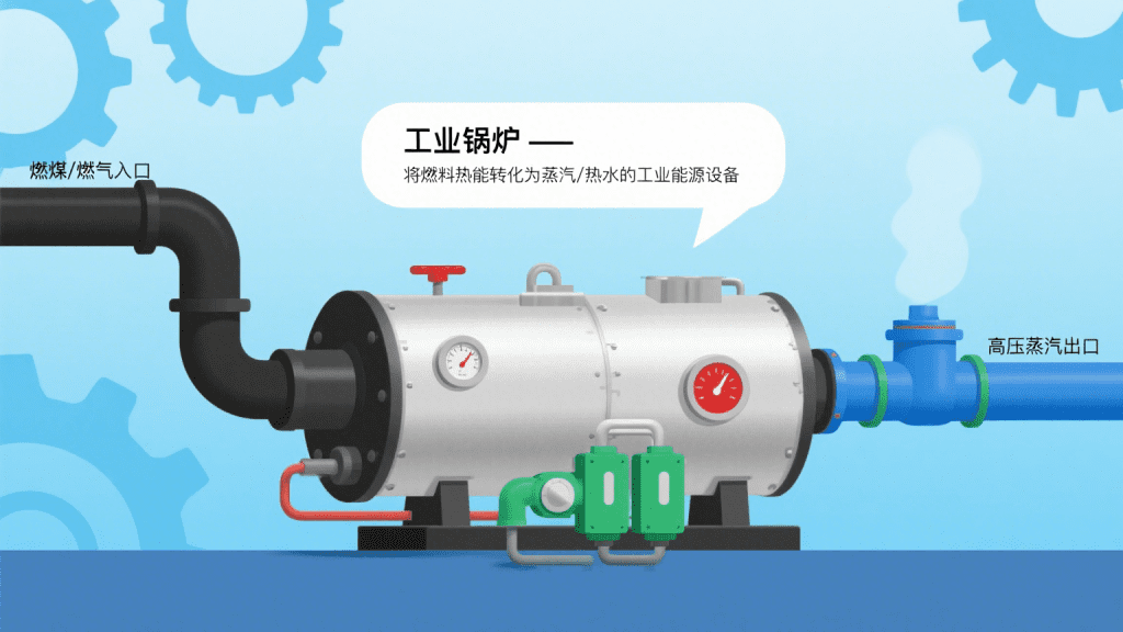 This is a schematic diagram showing the core structure and working principle of an industrial boiler. In the picture, the cylindrical main body of the boiler is clearly visible, with a steam output pipe connected to the top. The pipe extends to the industrial equipment on the right (such as reaction vessels, steam turbines, etc.), directly demonstrating its role in providing energy for industrial production. On the left side, there is a fuel input port marked with words such as "coal/oil/gas", and it is connected to a smoke exhaust pipe beside it. The bottom is equipped with a water level gauge and control valves, which are used to monitor and regulate the operating status of the boiler.